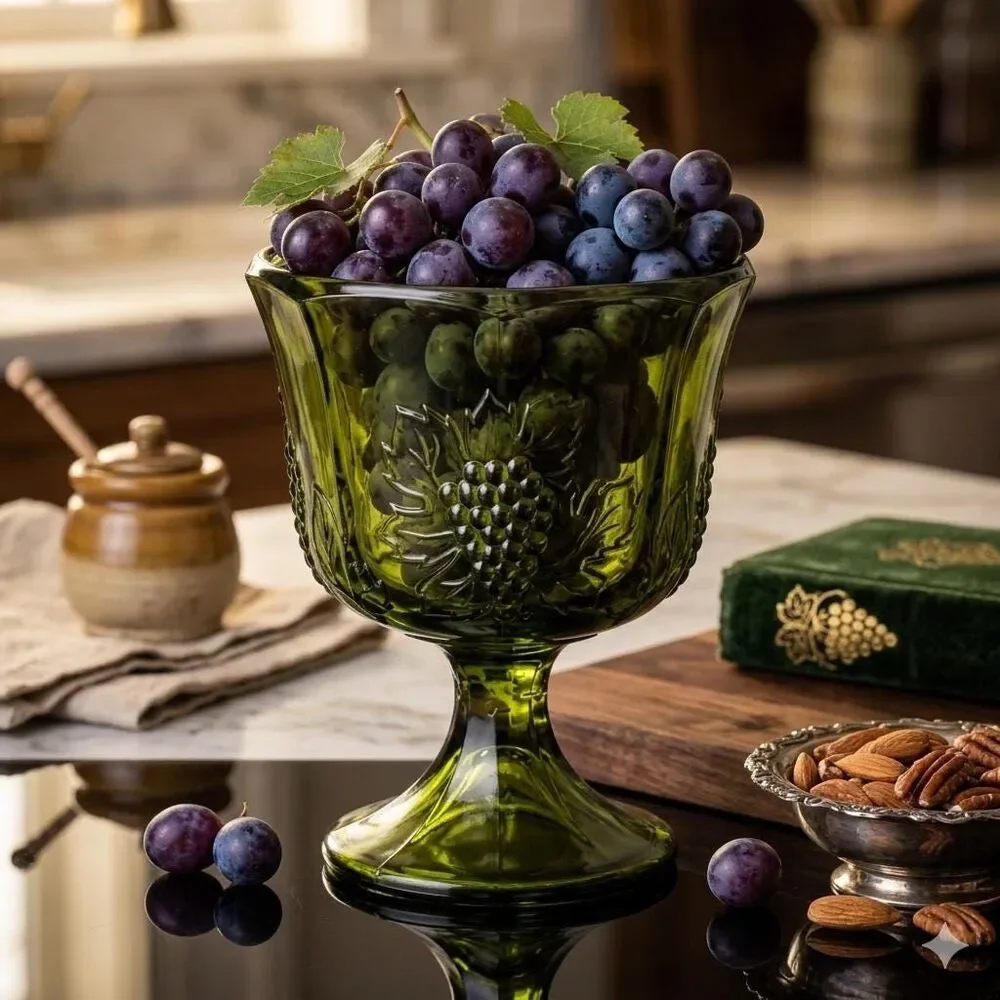 Vintage Indiana Glass Harvest Grape Compote – Avocado Green Pedestal Candy Dish